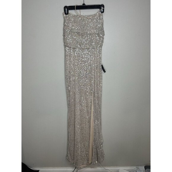 Lulu’s Evenings Of Elegance Dress Medium Champagne Sequin Lace-Up Slit NWT - Picture 2 of 13